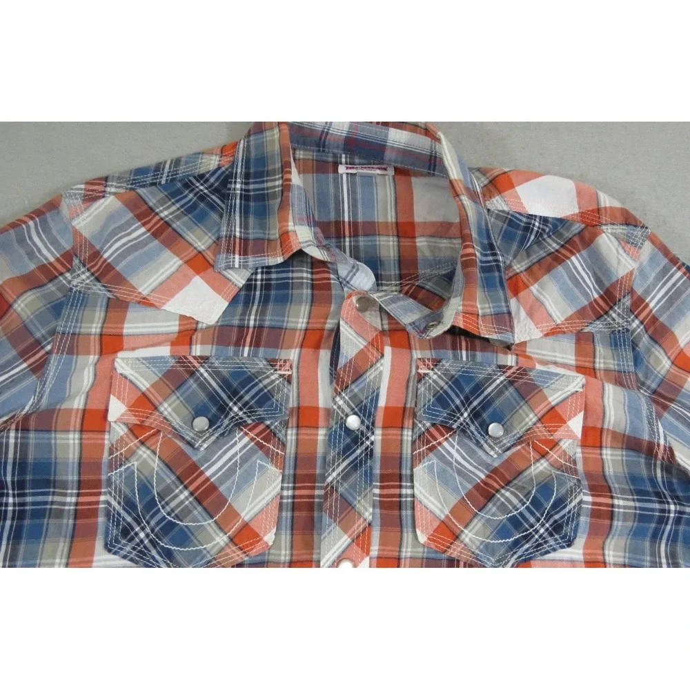 True Religion Premium Western Plaid Pearl Snap Shirt Men XL Red Blue Flap Pocket